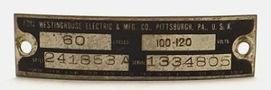 Original Westinghouse Stamped Steel Fan Motor Tag Style 241853A