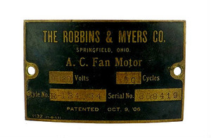 Original Robbins & Myers Tank Motor Brass Motor Tag Style R-134034