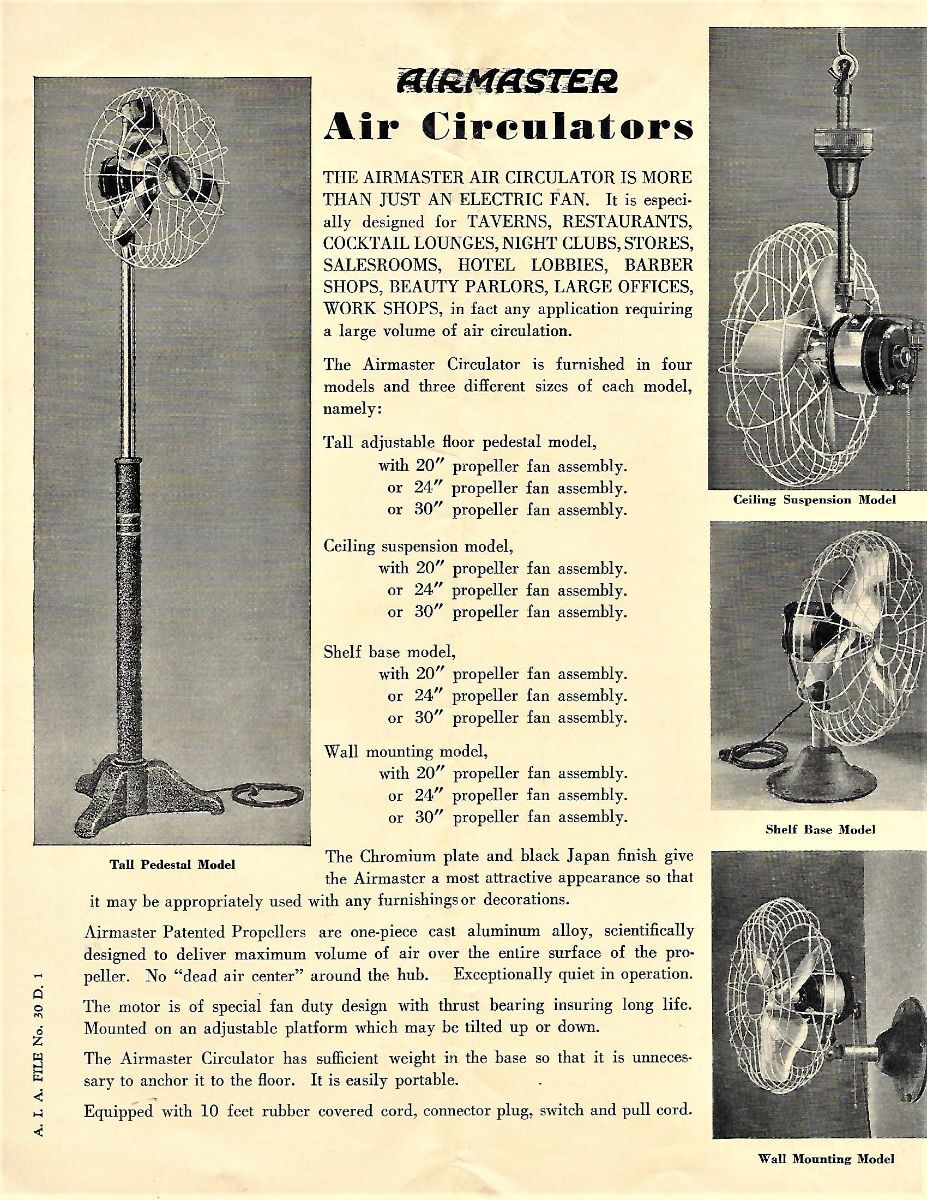 History of the Airmaster Corporation 1935 1937 Models Antique Fan