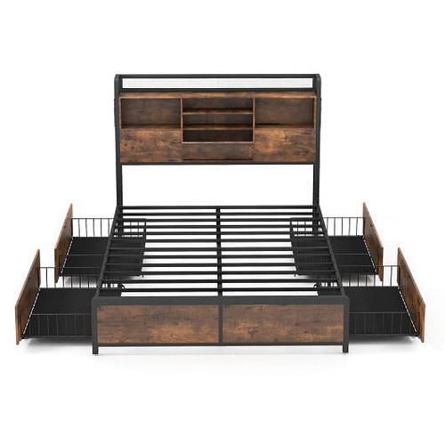 Full/Queen Size Bed Frame with Bookcase Headboard and 4 Storage Drawers-Full Size - Color: Rustic B D681-HU10618US-F+
