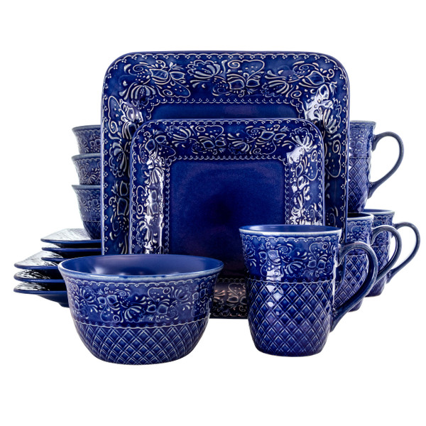 Elama Indigo Lotus 16 Piece Square  Dinnerware Set D970-EL-INDIGOLOTUS