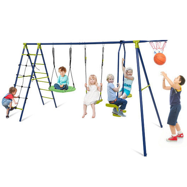 550 LBS 6-in-1 Patio Kids Swing Set with Climbing Net and Ladder-Green B593-NP11619