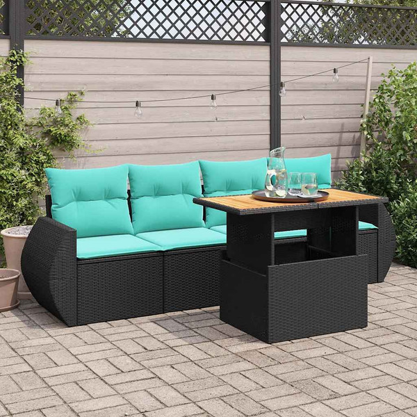 5 Piece Patio Sofa Set with Cushions Black Poly Rattan A949-3327207  5 Piece Patio Sofa Set with Cushions Black Poly Rattan A949-3327207