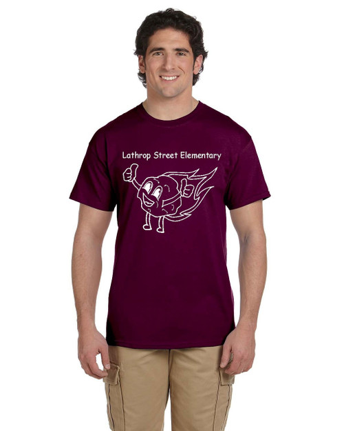 Montrose Spiritwear - Lathrop Street Elementary with Meteor man on a short sleeve Maroon Gildan Ultra Cotton shirt.  These shirts are unisex and run true to size.  Available in Youth XS through Adult 5XL.