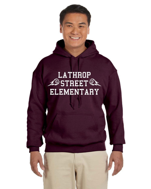Montrose Spiritwear - Lathrop Street Elementary two meteors with text on a long sleeve Maroon Gildan Ultra Cotton shirt.  These shirts are unisex and run true to size.  Available in Youth XS through Adult 5XL.