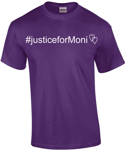 #justiceforMoni on a purple Gildan Ultra Cotton short sleeve shirt