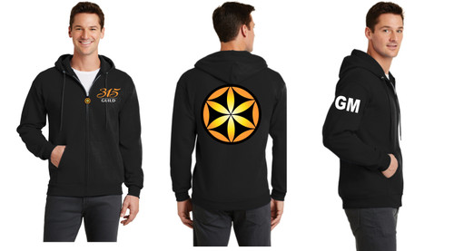 315 Guild Zip up Hooded Sweatshirt with 315 Guild printed on the front, GM printed on the sleeve and the full color logo on the back.  There also is a free zipper attachment with the full color 315 Guild logo printed on it.
