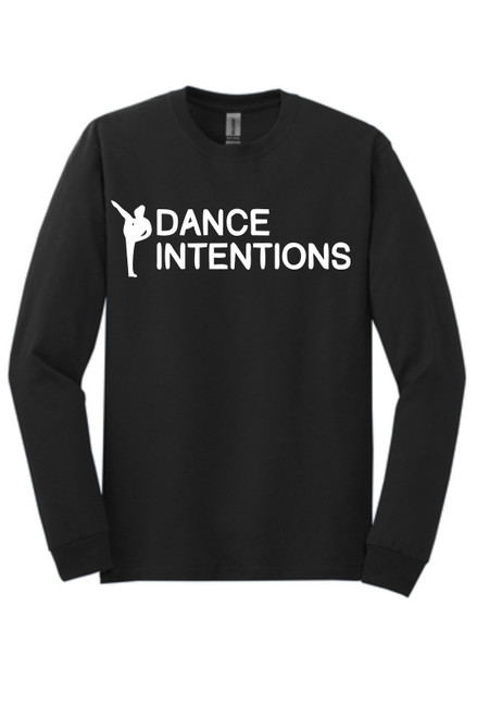 Dance Intentions on a black long sleeve crew neck t-shirt.