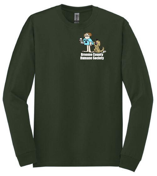 Broome County Humane Society on a forest green long sleeve shirt.