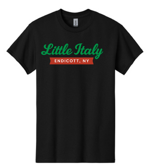 Little Italy Endicott NY logo printed on a Gildan Heavy Blend black short sleeve t-shirt.