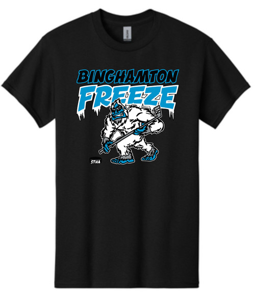 Binghamton Freeze Squatch logo printed on a Bella Canvas black short sleeve t-shirt.