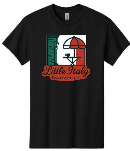 Little Italy cafe  logo printed on a Gildan Heavy Blend black short sleeve t-shirt.