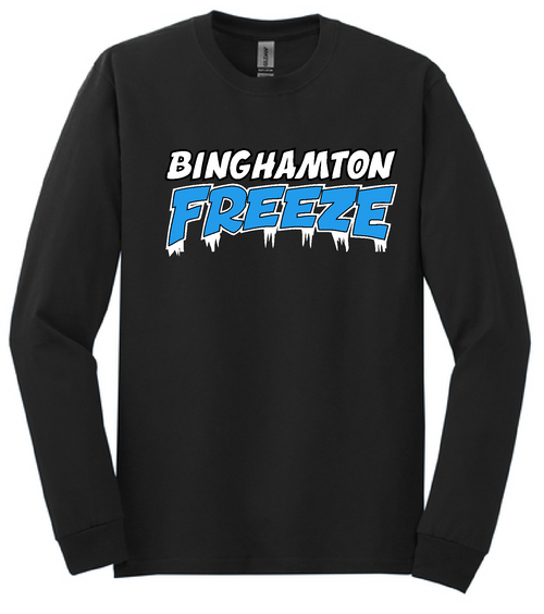 Binghamton Freeze  logo printed on a Bella Canvas black long sleeve t-shirt.