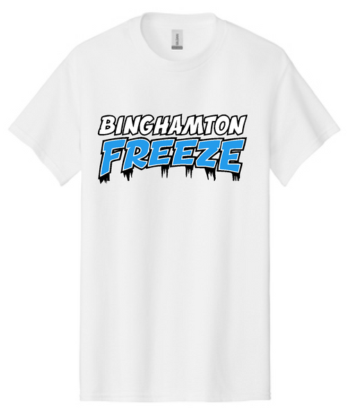 Binghamton Freeze  logo printed on a Bella Canvas white short sleeve t-shirt.