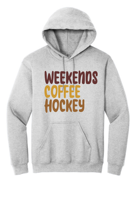 Weekends, coffee, hockey design on an ash grey hooded sweatshirt.