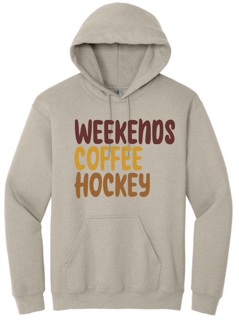 Weekends, coffee, hockey design on a sand hooded sweatshirt.