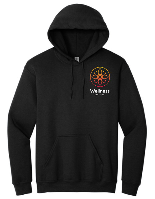 The Wellness Centered  logo printed on a black hooded sweatshirt.