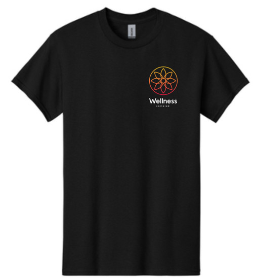 The Wellness Centered  logo printed on a black short sleeve t-shirt.