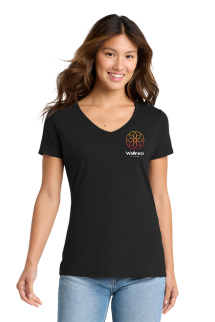 The Wellness Centered  logo printed on a black v-neck short sleeve t-shirt.