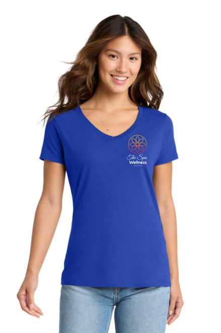 The Spa Wellness Centered  logo printed on a royal blue v-neck short sleeve t-shirt.