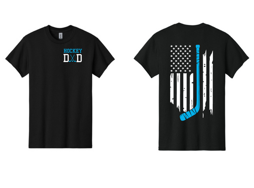 Hockey Dad logo printed on the front of a Gildan Heavy cotton black t-shirt and US flag with freeze colored hockey stick in the flag on the back.