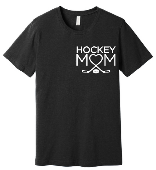 Hockey Mom logo printed on the front of a Bella Canvas black cotton t-shirt.