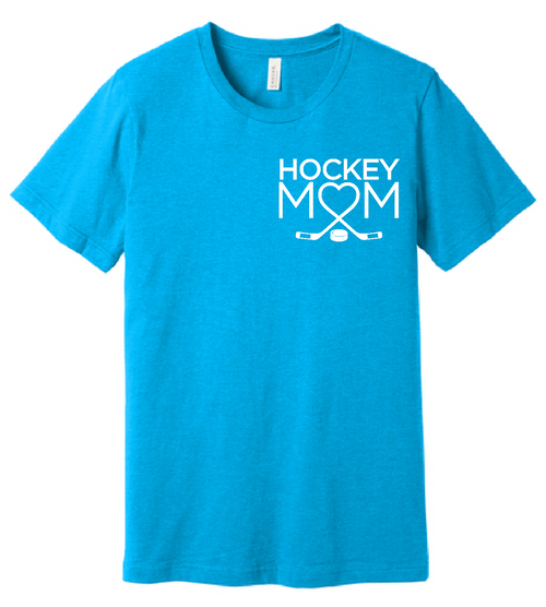Hockey Mom logo printed on the front of a Bella Canvas neon blue cotton/poly blend  t-shirt.