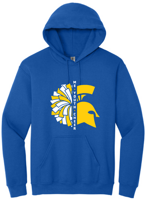 Maine Endwell Youth Cheer Spartan Head with pom poms logo printed on a royal blue hooded sweatshirt.