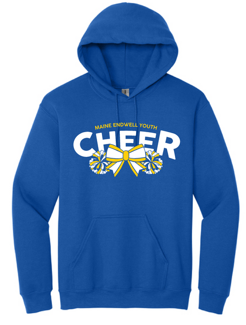 Maine Endwell Youth Cheer bow and pom pom logo printed on a royal blue hooded sweatshirt.