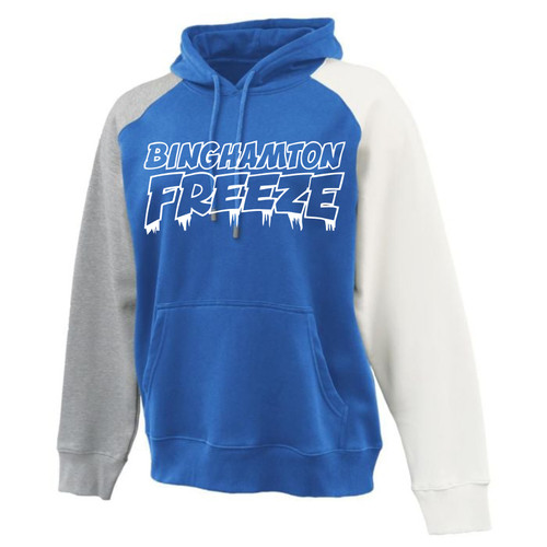 Binghamton Freeze logo printed on a J-America multi-color hoodie.