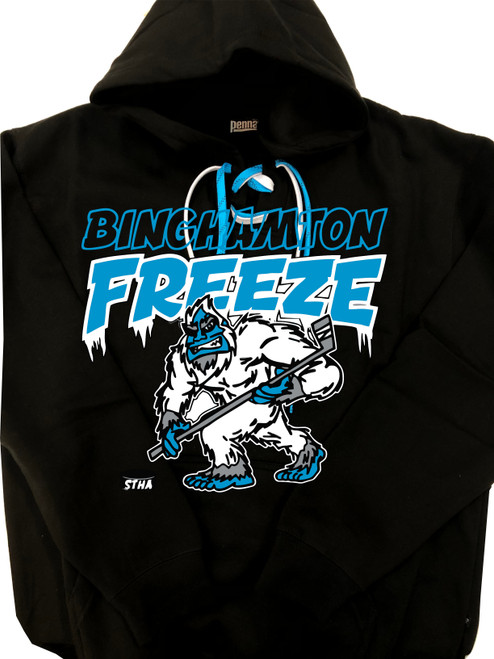 Binghamton Freeze Squatch logo printed on a black Pennant Sportswear hockey hoodie with matching blue and grey laces.