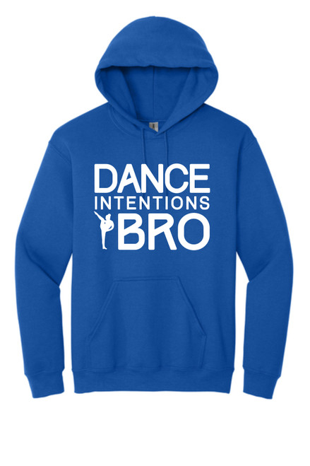 Dance Intentions Dance Bro on a 50% cotton - 50% polyester royal blue hoodie. Dance Intentions Dance Bro on a 50% cotton - 50% polyester royal blue hoodie.