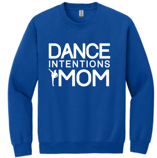 Dance Intentions Dance Mom on a 50% cotton - 50% polyester royal blue crew neck sweatshirt. Dance Intentions Dance Mom on a 50% cotton - 50% polyester royal blue crew neck sweatshirt.