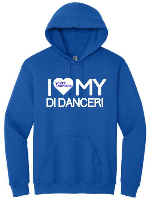 Dance Intentions I Heart my DI Dancer on a 50% cotton - 50% polyester royal blue hoodie. Dance Intentions I Heart my DI Dancer on a 50% cotton - 50% polyester royal blue hoodie.