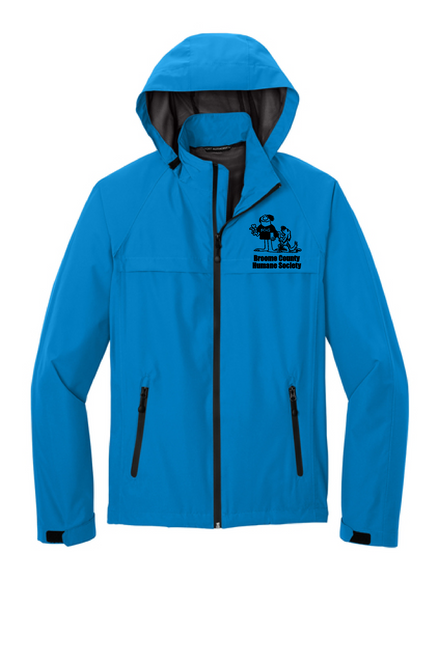 Broome County Humane Society on a unisex blue rain jacket.
