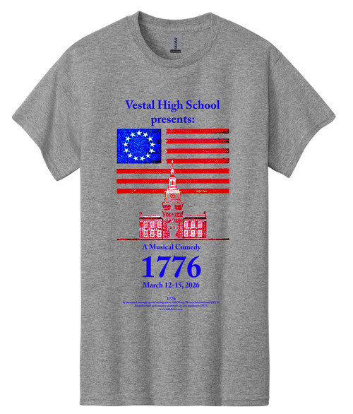 Vestal High School "1776" logo and date of production on the front of a sport grey Gildan Heavy Cotton short sleeve t-shirt.