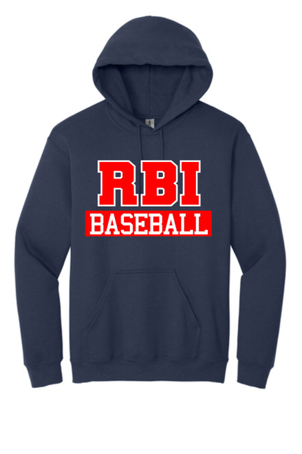 Navy blue hooded sweatshirt with RBI Baseball graphic in red and white (no Glitterflake).