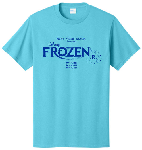 Vestal Middle School "Frozen" logo and date of production on the front of aquatic blue  short sleeve t-shirt.