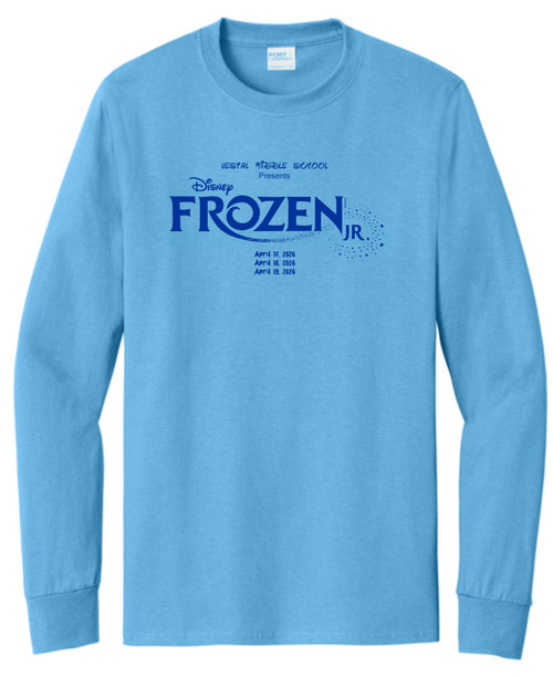 Vestal Middle School "Frozen" logo and date of production on the front of aquatic blue  long sleeve t-shirt.