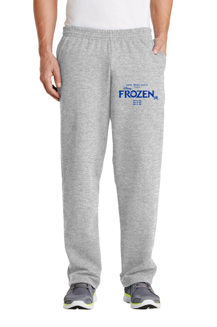 Vestal Middle School "Frozen" logo and date of production on the front of grey open bottom sweatpants.
