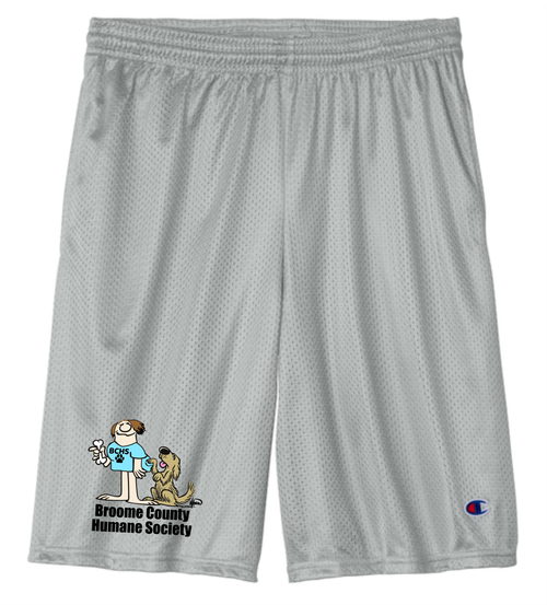 Broome County Humane Society logo on Athletic Grey mesh shorts.