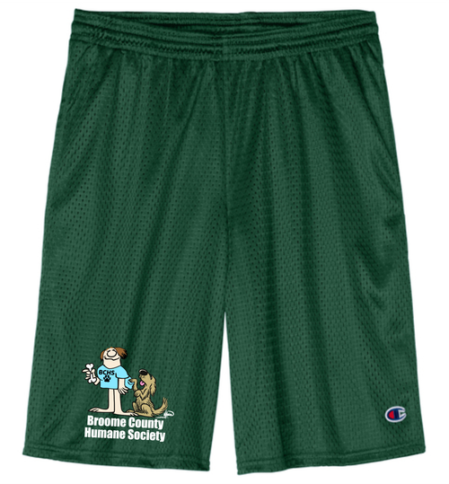 Broome County Humane Society logo on Forest Green mesh shorts.