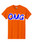 OMG on an orange short sleeve shirt.