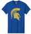Maine Endwell Youth Cheer Spartan Head logo printed in gold glitterflake on a royal blue short sleeve shirt.
