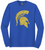 Maine Endwell Youth Cheer Spartan Head logo printed in gold glitterflake on a royal blue long sleeve shirt.