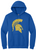 Maine Endwell Youth Cheer Spartan Head logo printed in gold glitterflake on a royal blue hooded sweatshirt.