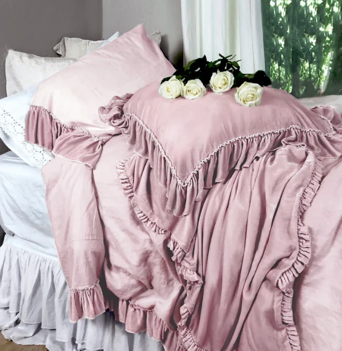 Linen Salvage Luxe Isabella Tatter Velvet Ruffle Collection-Rose Linen Salvage Luxe