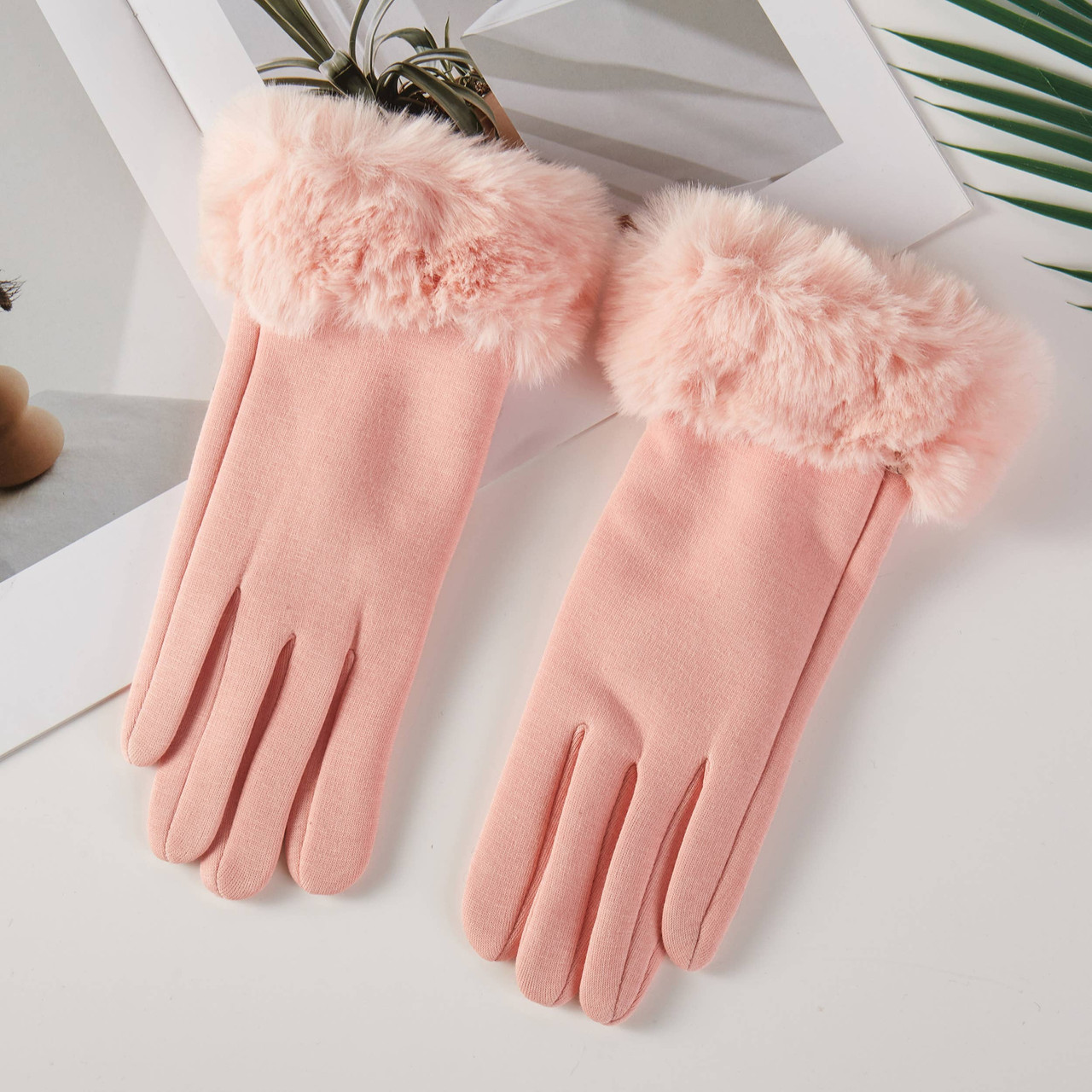 Pink Faux Fur Trim Wrist Cozy Winter Gloves