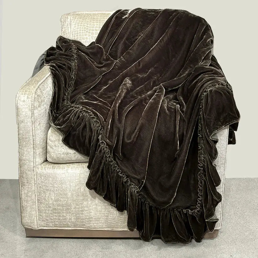 Linen Salvage Luxe Isabella Tatter Velvet Ruffle Throw - Cacao Linen Salvage Luxe