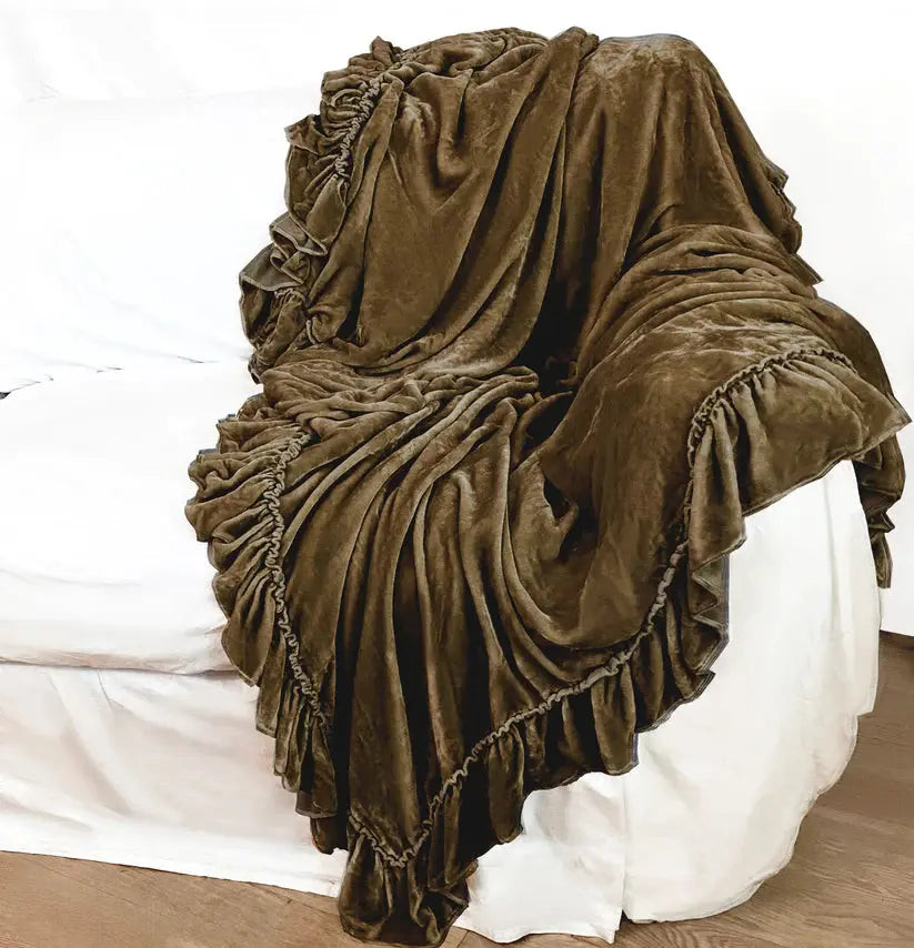 Linen Salvage Luxe Isabella Tatter Velvet Ruffle Throw - Topaz Linen Salvage Luxe